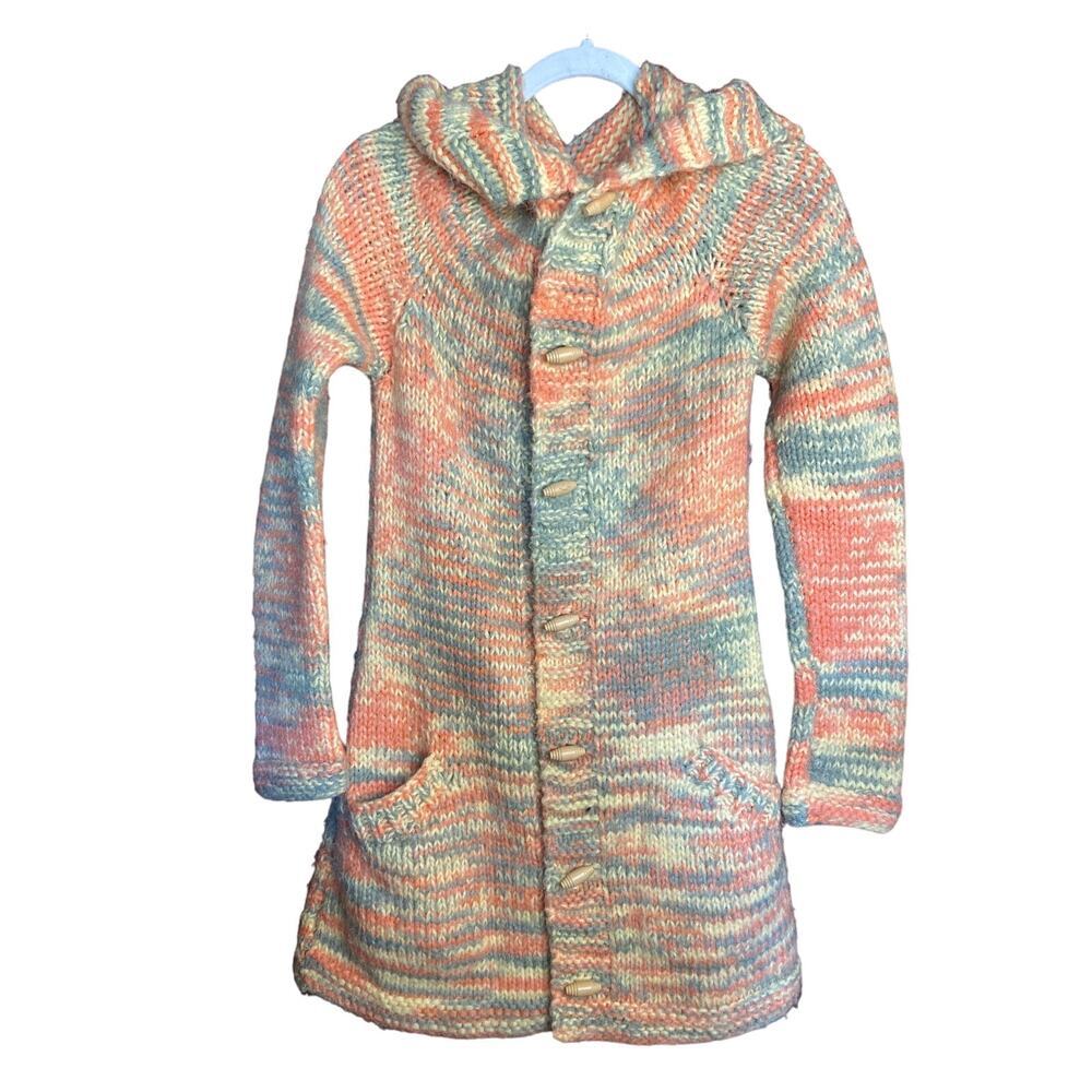 Homemade Toggle Salmon Yellow Gray Knit Long Stretchy Sweater Medium